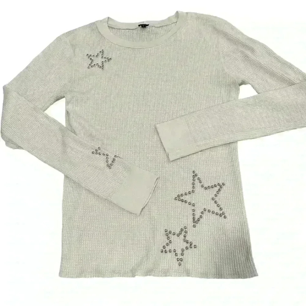 MONROW LONG SLEEVE THERMAL CREW NECK WITH Studded Stars Off White Small